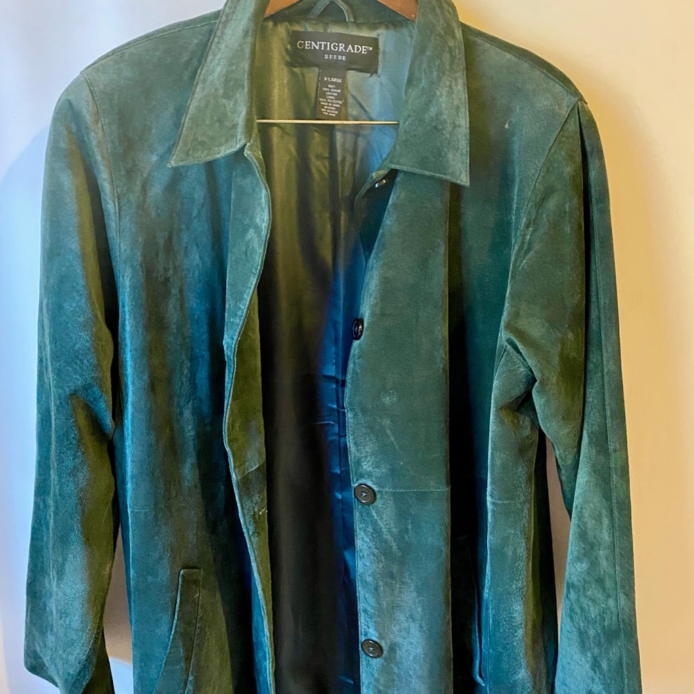 Vintage genuine dark green leather duster coat